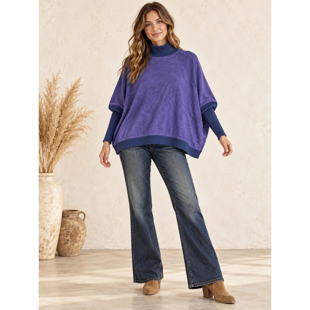 Free People Intimately Womens Blue/Purple Mock Neck Velour Poncho S-M